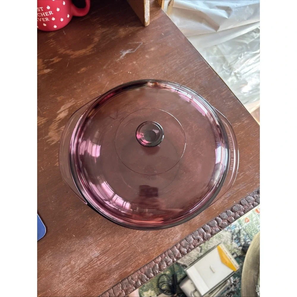 Pyrex Corning VTG #024 2L Cranberry Round Casserole Dish/Bowl With Lid Handles